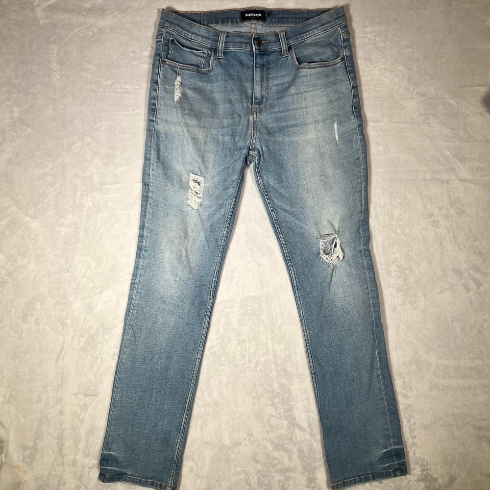 RSQ Slim Distressed Light Wash Denim Jeans Mens 32x32 Stretch Blue